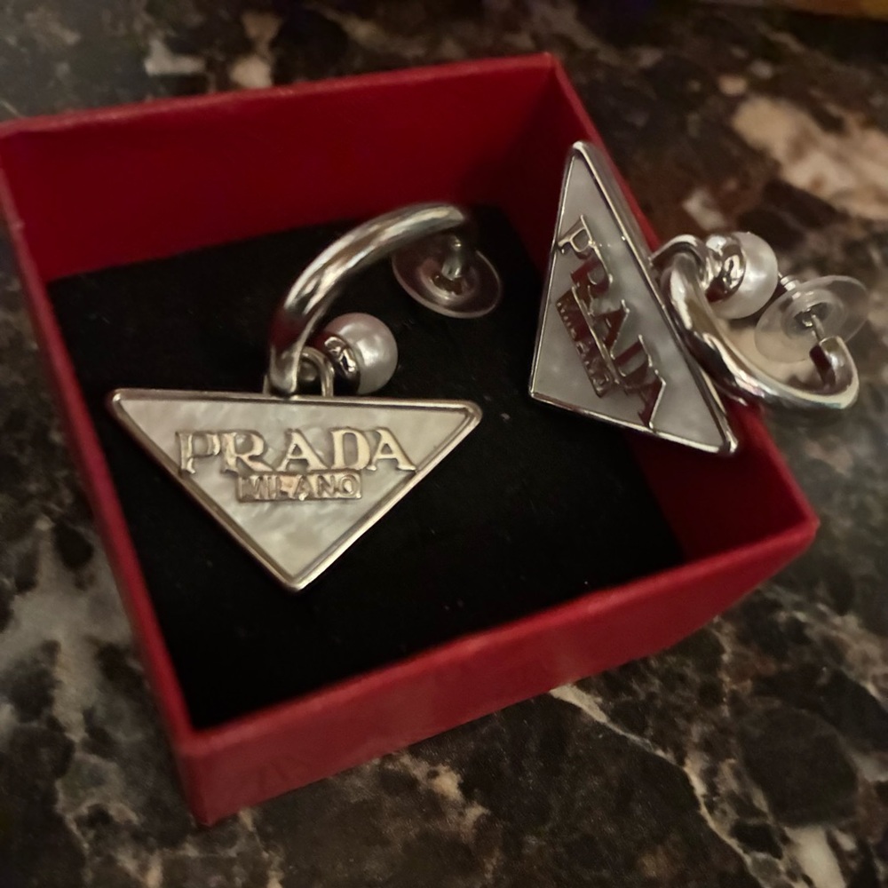 Silver Triangle Logo Half Hoop Earrings - Picture 3 of 4